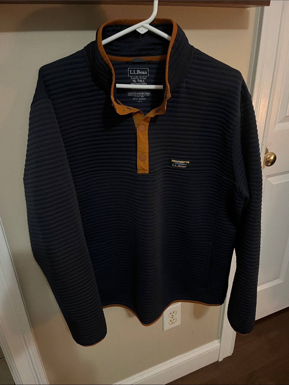 L.L.Bean Navy Quilted Snap Pullover with Tan Trim